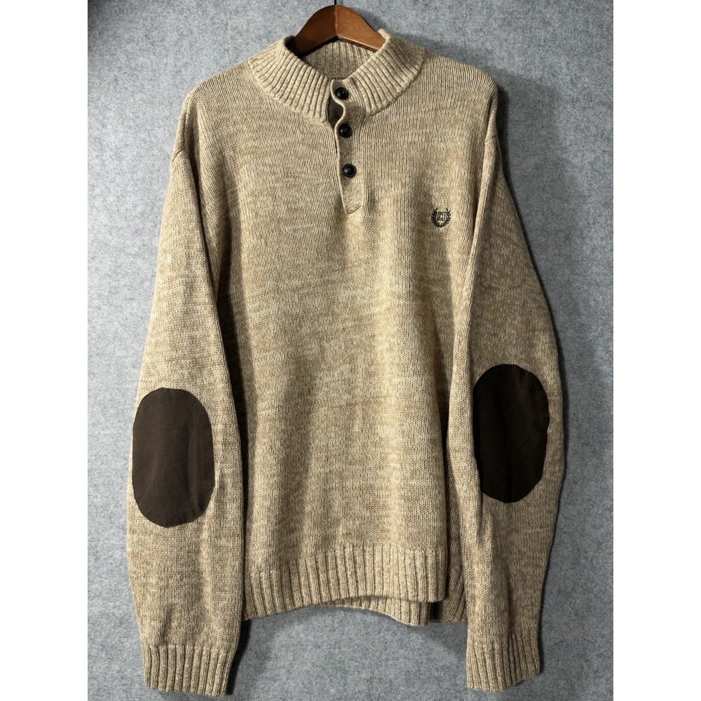 CHAPS Mens XL Beige Cotton Mock Neck Henley Sweater Elbow Patch Preppy Grandpa